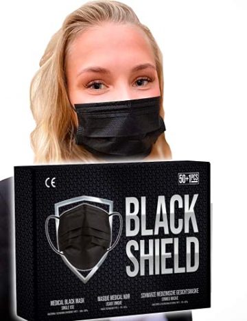 BLACK SHIELD - CE Zertifiziert - Schwarze Medizinische Gesichtsmaske gemäß DIN EN 14683 Typ I - EFB ≥ 95% - 51 Stück - 2