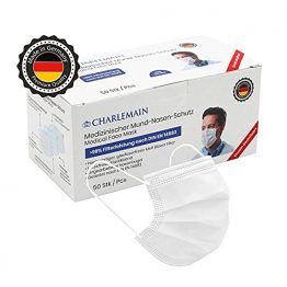 Charlemain 50x OP-Maske, Weiß, MADE IN GERMANY, EN 14683 Typ IIR, CE-zertifiziert, medizinischer Mund-Nasen-Schutz, BFE > 99%, 3-lagig, spritzbeständig, geruchsneutral, latexfrei - 1