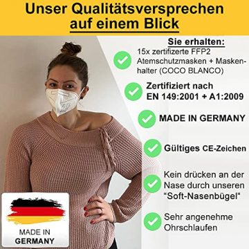 COCO BLANCO FFP2 Maske Schwarz CE Zertifiziert Aus Deutschland I 100% MADE IN GERMANY I 15 STÜCK I 5 lagig mit 2 Lagen Meltblown-Vlies I Inklusive Maskenhalter (15 Stück, schwarz) - 5