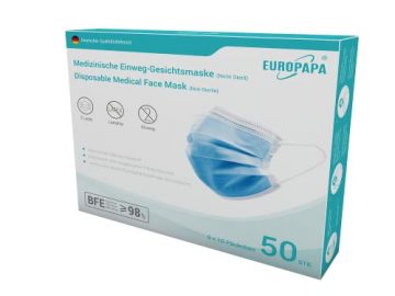 EUROPAPA 50x medizinische OP Maske 3-lagig Atemschutzmasken Typ IIR TÜV CE zertifiziert Chirurgische Einwegmaske Mund und Nasenschutz EN14683 BFE ≥ 98% - 3