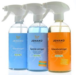 Jemako Reiniger im Set - 1 x 500ml Intensivreiniger ECO Plus - 1 x 500ml Sanitärgrundreiniger - 1 x 500ml Glasreiniger - inkl. Sinland Microfasertuch & 3 x Schaumpumpe - 1