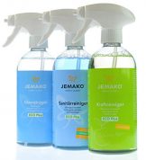 Jemako Reiniger im Set - 1 x 500ml Kraftreiniger Green Apple ECO Plus - 1 x 500ml Sanitärgrundreiniger - 1 x 500ml Glasreiniger - inkl. Sinland Microfasertuch & 3 x Schaumpumpe - 1