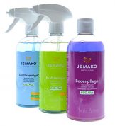 Jemako Reiniger im Set - Kraftreiniger Green Apple ECO Plus (500ml) - Sanitärgrundreiniger (500ml) - Jemako Bodenpflege ECO Plus Purple Breeze (500ml) - inkl. Sinland Microfasertuch & 2 x Schaumpumpe - 1