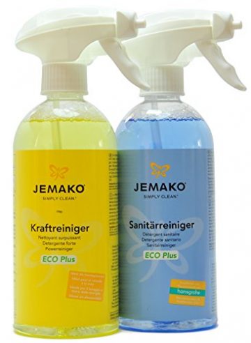 Jemako Reiniger-Set - Kraftreiniger ECO Plus (500 ml-Flasche + Schaumpumpe) - Sanitärreiniger ECO Plus (500 ml-Flasche + Schaumpumpe) - 2 x Profituch klein (35 x 40 cm) - 2