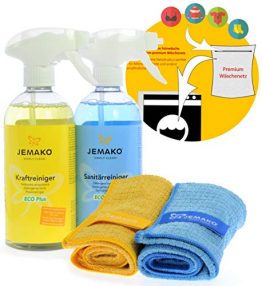 Jemako Reiniger-Set - Kraftreiniger ECO Plus (500 ml-Flasche + Schaumpumpe) - Sanitärreiniger ECO Plus (500 ml-Flasche + Schaumpumpe) - 2 x Profituch klein (35 x 40 cm) - 1