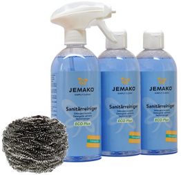 Jemako Sanitärreiniger ECO Plus 1500ml inkl. Sprühpumpe, Edelstahlspirale & Sinland Microfasertuch (1500ml) - 1