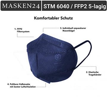 MASKEN24 STM 6040 Zertifizierte FFP2 Masken Faltbar - 10 Stück einzelverpackt im PE-Beutel - Staubmaske Atemmaske 5-lagige Mundmaske (Blau) - 5