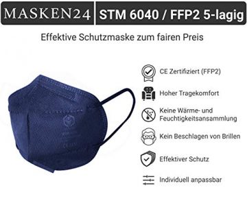 MASKEN24 STM 6040 Zertifizierte FFP2 Masken Faltbar - 10 Stück einzelverpackt im PE-Beutel - Staubmaske Atemmaske 5-lagige Mundmaske (Blau) - 6