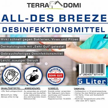 ***Preis-Leistungs-Sieger***TerraDomi 5 Liter Desinfektionsmittel All-Des Breeze für Hände, zugelassen und zertifiziert, gegen jegliche Art von Viren zu 99,9%, mit Minzduft - 2