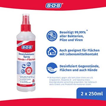 SOS Desinfektions-Spray: Desinfektionsmittel zur gründlichen und schnellen Hand- & Flächendesinfektion, 2X250ml - 2