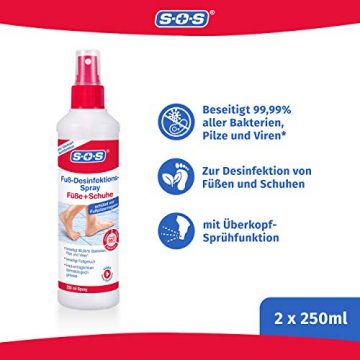 SOS Fuß-Desinfektions-Spray, 2 x 250 ml Sprühflasche, Spray für die Füße zum Schutz vor Fußpilz-Erregern und Bakterien, auch zur Desinfektion von Schuhen und gegen Fußgeruch - 2