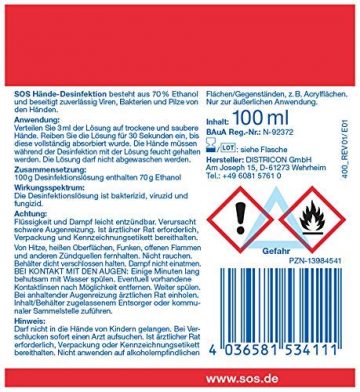 SOS Hände-Desinfektion, Desinfektionsmittel aus 70% Ethanol für die Hände, Handdesinfektion zur zuverlässigen Beseitigung von Viren, Bakterien und Pilzen von den Händen, 4 x 100 ml - 4